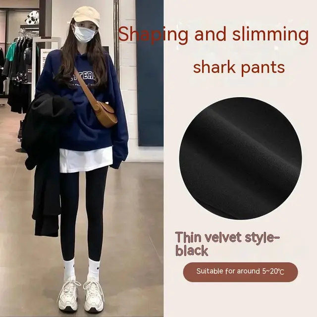 Cloud Feeling Thin Velvet Shark Pants Autumn And Winter Fleece lined Thick Leggings Brushed Black - Shop at LoveMi