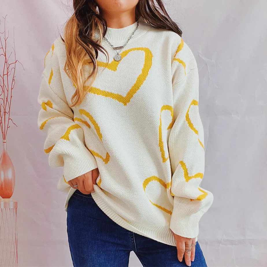 Love Pattern Sweater Round Neck Long Sleeve Yellow - Shop at LoveMi