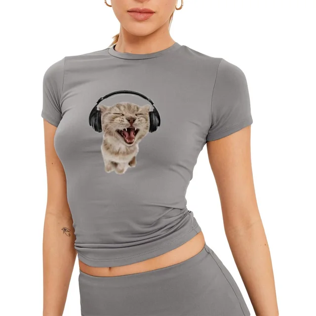 Cat Printing Short sleeved Slim fit Cotton T shirt Gray - Shop at LoveMi