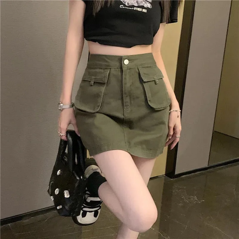 Workwear Denim Skirt Women's A Line High Waist Skirt Army Green - Shop at LoveMi