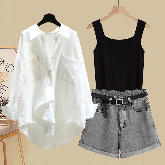 Fried Street Shirt Vest With Temperament Shorts Three piece Set Black Vest 3Pcs Set - Shop at LoveMi