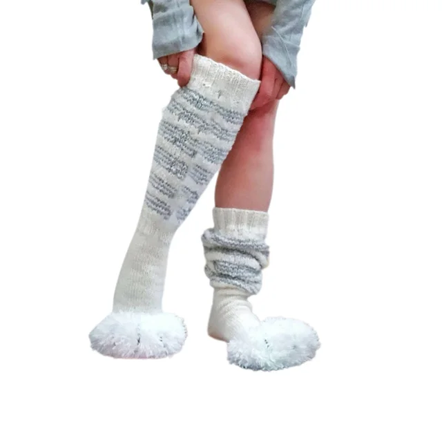 Knitted Striped Cat's Paw Over The Knee Stockings Pile Style Knitted Socks White - Shop at LoveMi