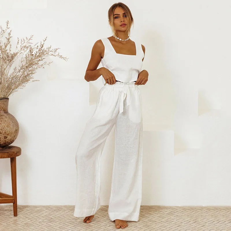Cotton And Linen Vest Sleeveless Trousers Loose Outfit Fashion Suit - White