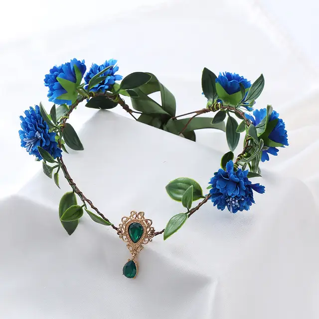 Artificial Flower Handmade Mori Style Green Leaf Female Hair Hoop Blue Flower Garland - Shop at LoveMi