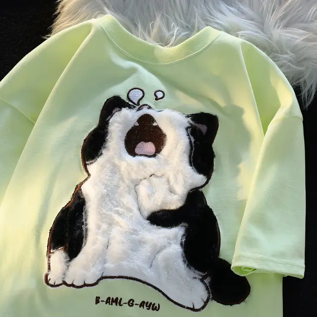 Japanese style Retro Sleepy Cat Flocking Short Sleeve Green - Shop at LoveMi