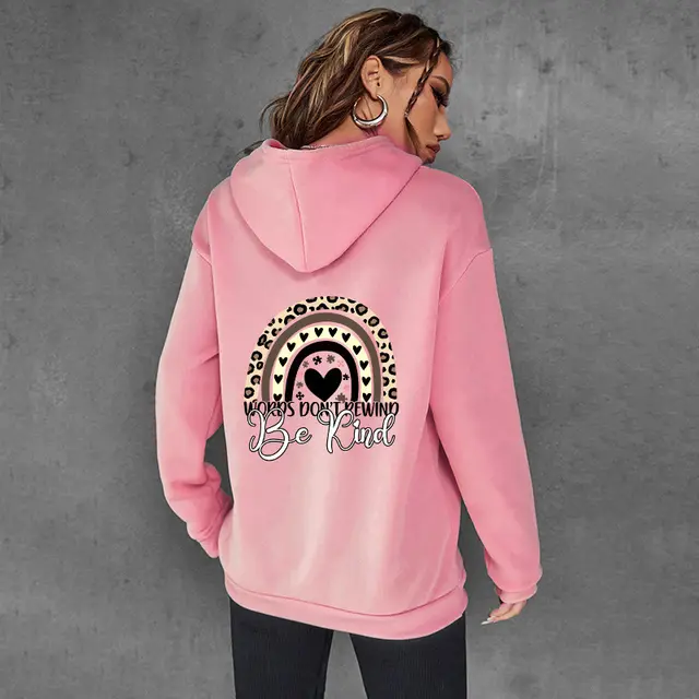 Be Kind Letter Print Hooded Heel Wrapped Collar Brushed Hoody Women Pink - Shop at LoveMi
