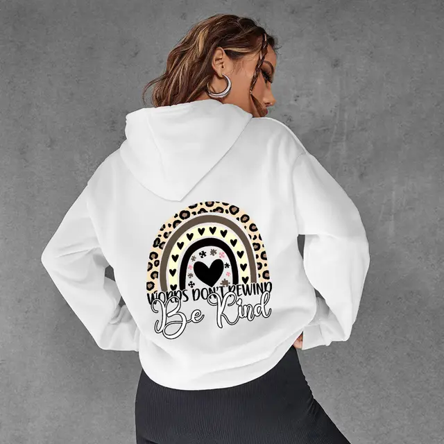 Be Kind Letter Print Hooded Heel Wrapped Collar Brushed Hoody Women White - Shop at LoveMi