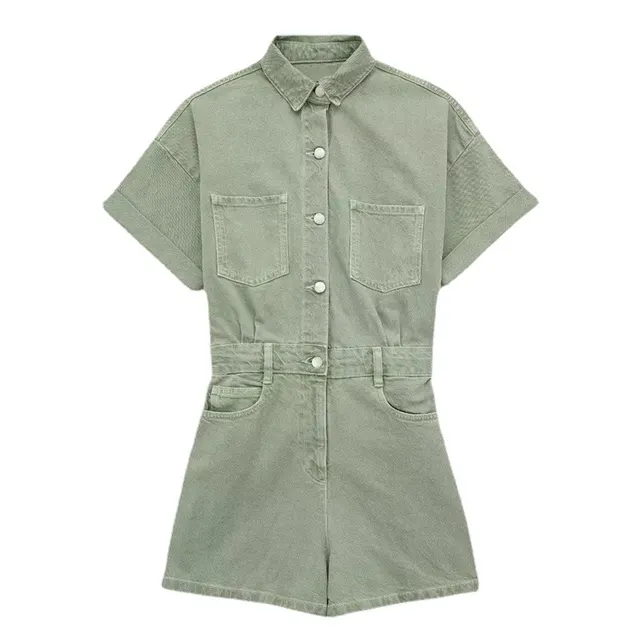 Summer New Women's Fashion Short Denim Pocket Decoration Cargo Overalls Light Green - Shop at LoveMi
