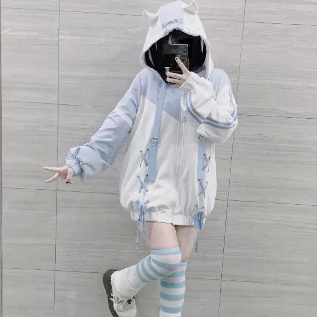 Water Color Hooded Jacket Japanese Style Soft Girl Loose Tied Zipper Sweater Blue And White Clothes - Shop at LoveMi