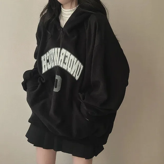 Letter Zipper Hooded Sweater For Women Fleece lined Thickened Black - Shop at LoveMi