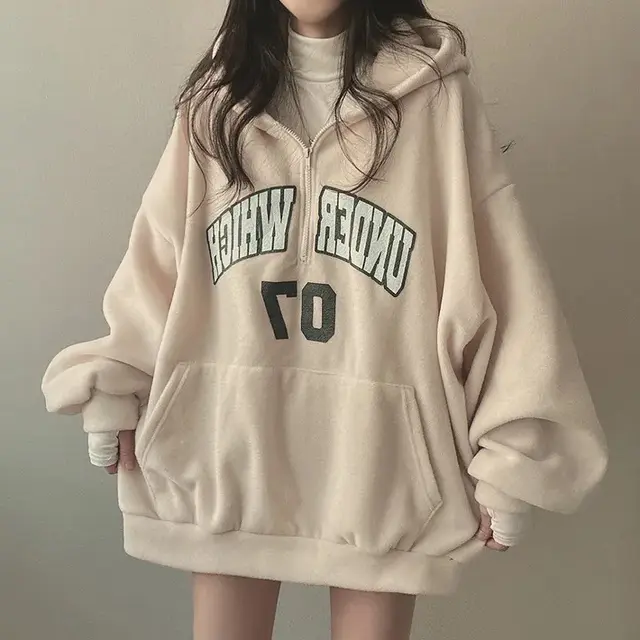 Letter Zipper Hooded Sweater For Women Fleece lined Thickened Color - Shop at LoveMi