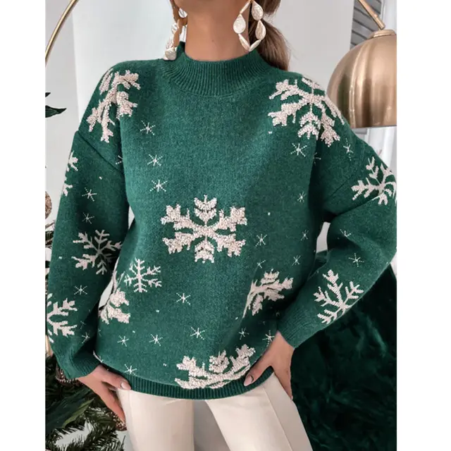 Fall Winter Women's Christmas Sweater Knitted Fluffy Loose Casual Christmas Snowflake Print Long Sleeves Pullovers Tops Streetwear Green - Shop at LoveMi