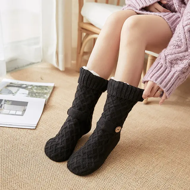 Christmas Socks Lambswool Floor Snow Socks Fleece lined Home Button Black - Shop at LoveMi