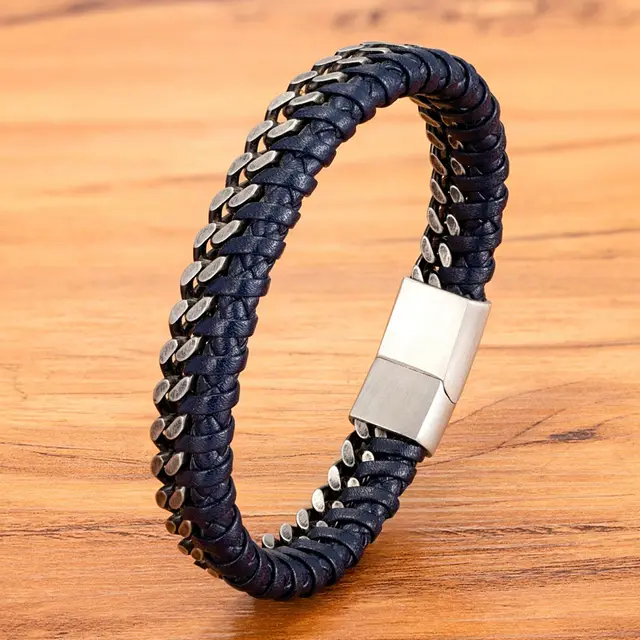 Vintage Leather Woven Men's Stainless Steel Buckle Bracelet Blue - Shop at LoveMi