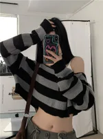 Women's Retro Off-the-shoulder Short Striped Sweater