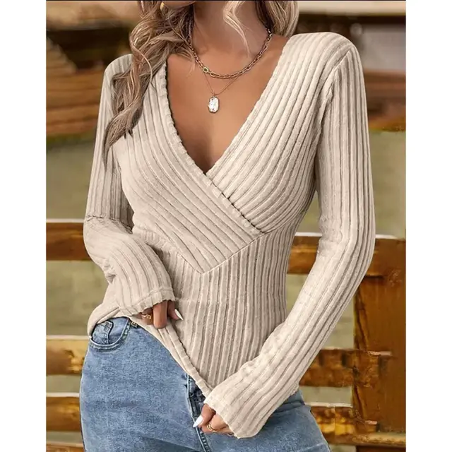 European And American Intellectual Style Temperament Pullover V neck Slim fit Long sleeved Sweater Apricot - Shop at LoveMi