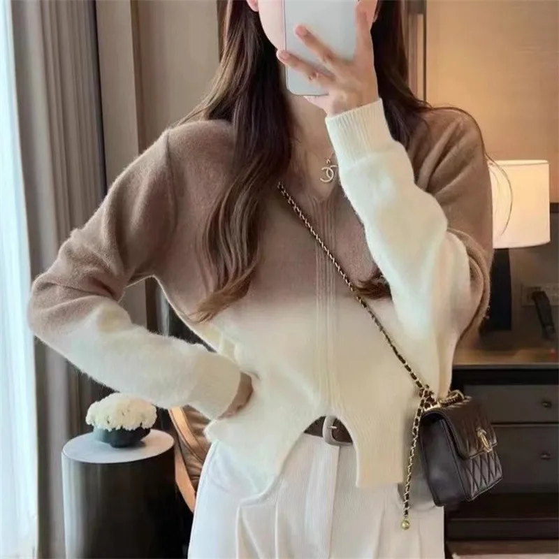 Gradient Color Knitted Long Sleeve Pullover Top Women Coffee - Shop at LoveMi