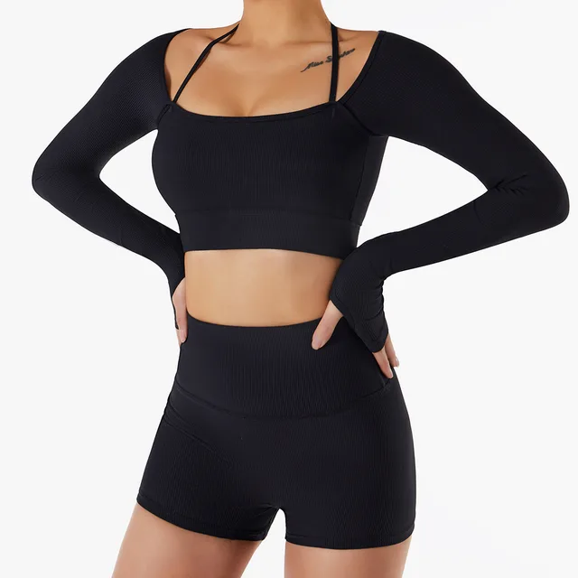 Sports Top Women's Quick drying Workout Clothes With Chest Pad Slim Fit Skinny Long Sleeve Yoga Wear Advanced Black - Shop at LoveMi
