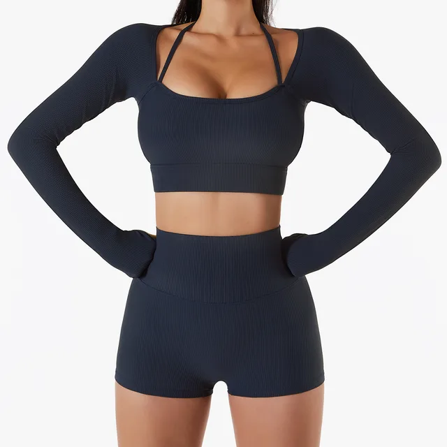 Sports Top Women's Quick drying Workout Clothes With Chest Pad Slim Fit Skinny Long Sleeve Yoga Wear Badge Blue - Shop at LoveMi
