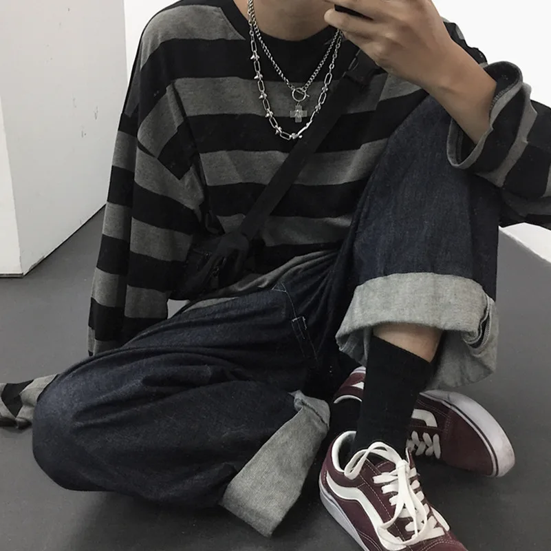 Long sleeved Striped T shirt Striped Student Top Black And Blue Striped - Shop at LoveMi