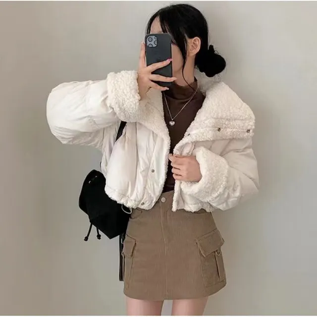 In Stock South Korea Chic Lapel Loose Thickening Keep Warm Reverse Short Wadded Jacket White - Shop at LoveMi
