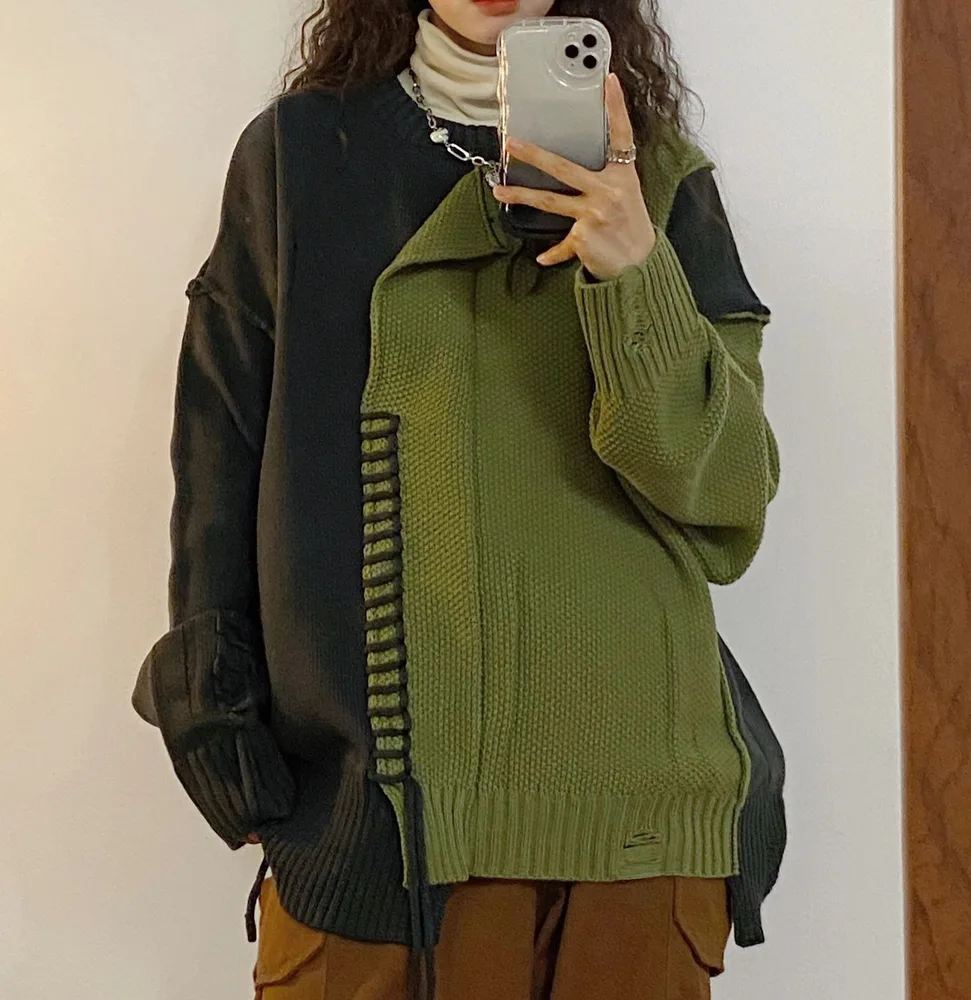 Style Top Knitted Coat Stitching Fashion Black Green - Shop at LoveMi