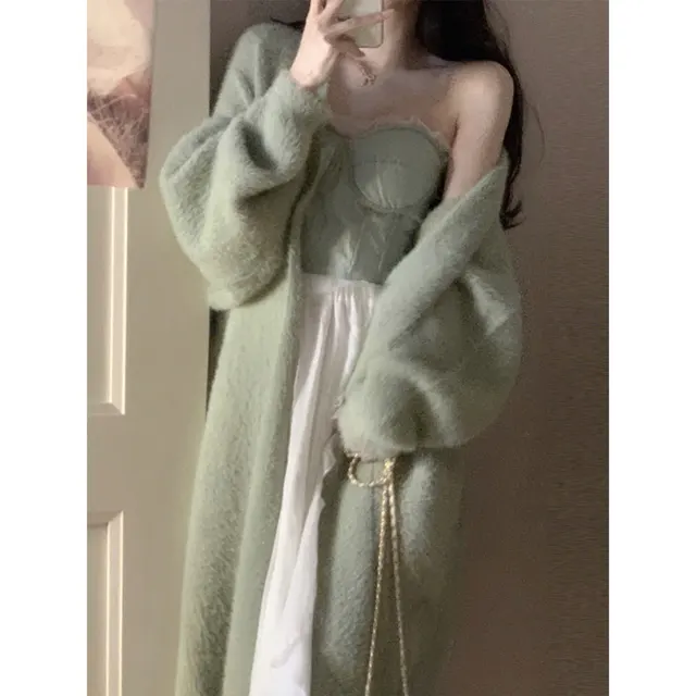 Soft Long Cardigan Coat, Trendy Leisure Warm Sweater, Basic Cozy Soft Daily Outfit, Office Wear Sweater, Cozy Knitted Retro Outfit Green - Shop at LoveMi
