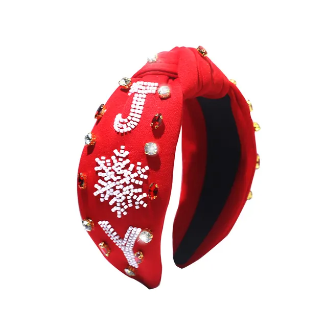 Christmas Snowflake Beads Headband Rhinestone Knotted Pearl Wide brim Hair Accessories Red - Shop at LoveMi