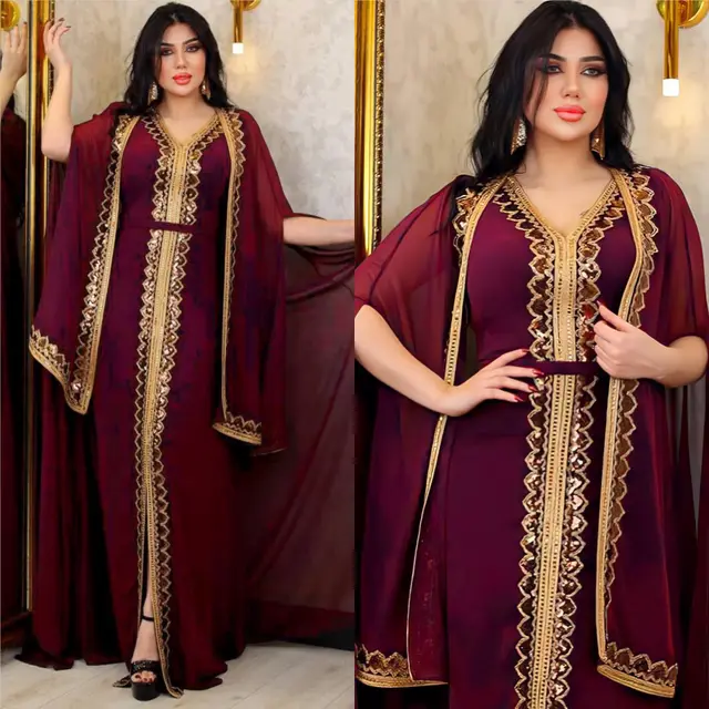 Middle East Muslim Women's Wear Sequined Gown Suit Dress Cape Robe 2153 Wine Red - Shop at LoveMi