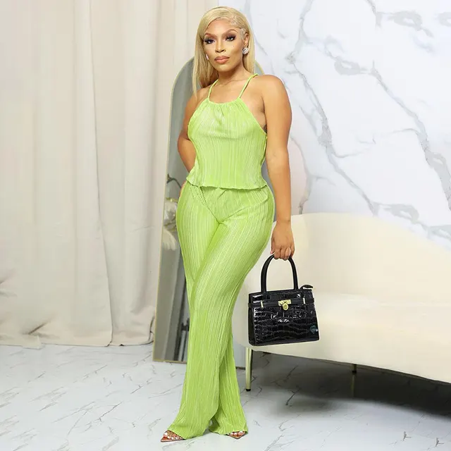 Summer New Pleated Solid Color Sling Top Wide Leg Trousers Casual Suit Green - Shop at LoveMi