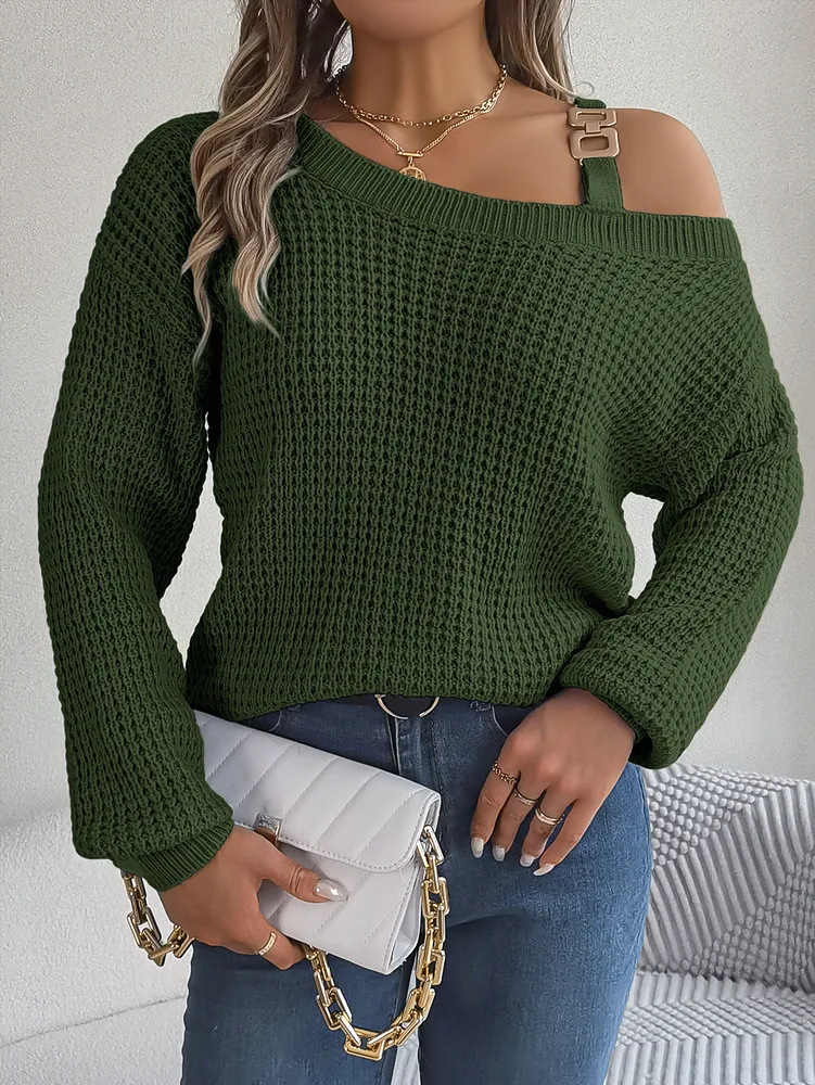 Casual Metal Buckle Patchwork Cold shoulder Lantern Sleeve Pullover Sweater Green - Shop at LoveMi