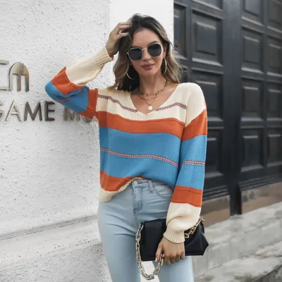 Striped Contrast Color V neck Long sleeved Knitted Sweater Women's Loose Autumn And Winter Sky Blue - Shop at LoveMi