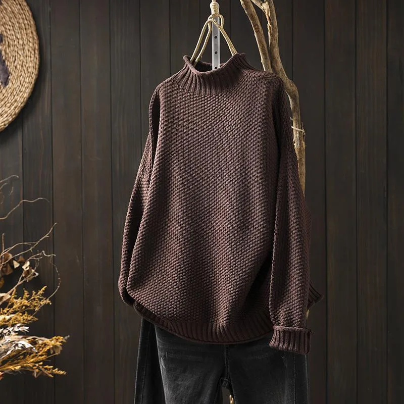 Mock Neck Sweater Women Loose Plus Size Coffee - Shop at LoveMi