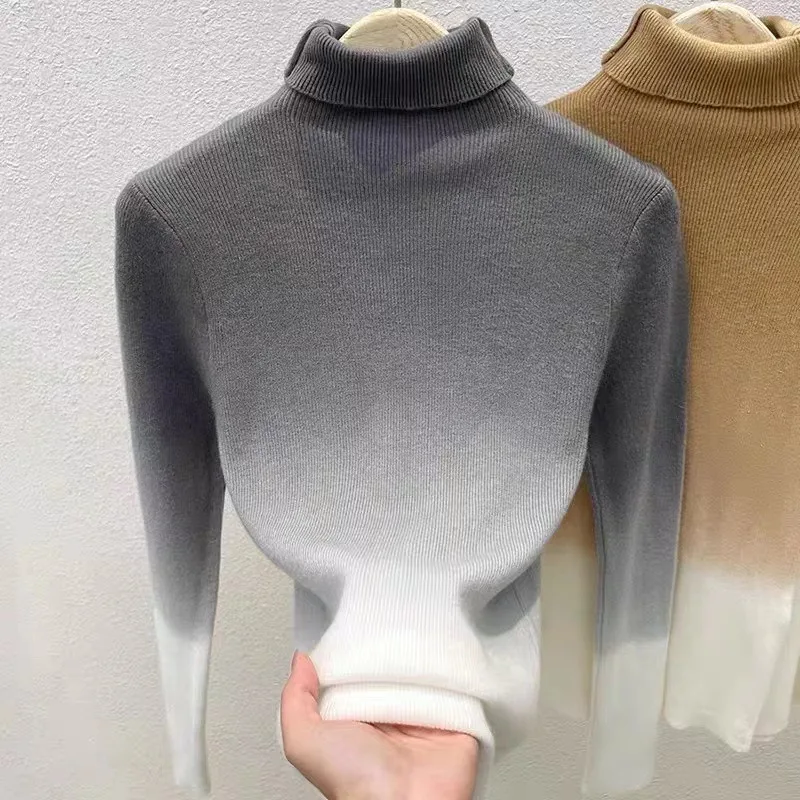Gradient Color Turtleneck Wool Sweater Women's Bottoming Sweater French Top Smoky Gray - Shop at LoveMi