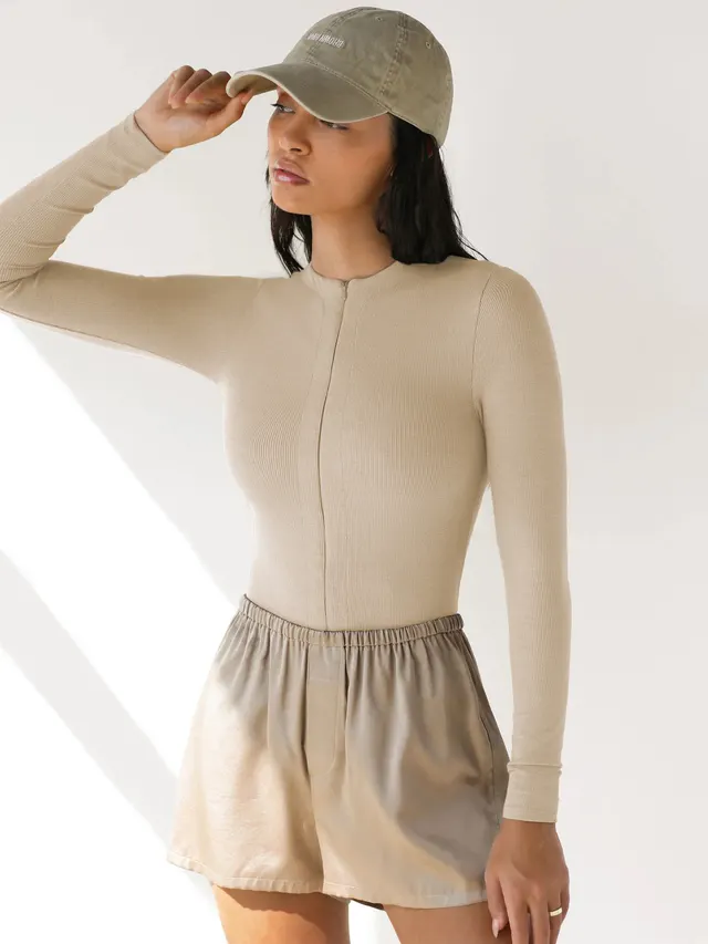 Zipper Jumpsuit Skinny Knitted Top Jumpsuit All match Top Shorts Apricot - Shop at LoveMi