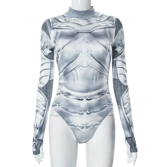 Mechanical Body Print Half Turtleneck Tight Long Sleeve Jumpsuit Gray Printing - Shop at LoveMi
