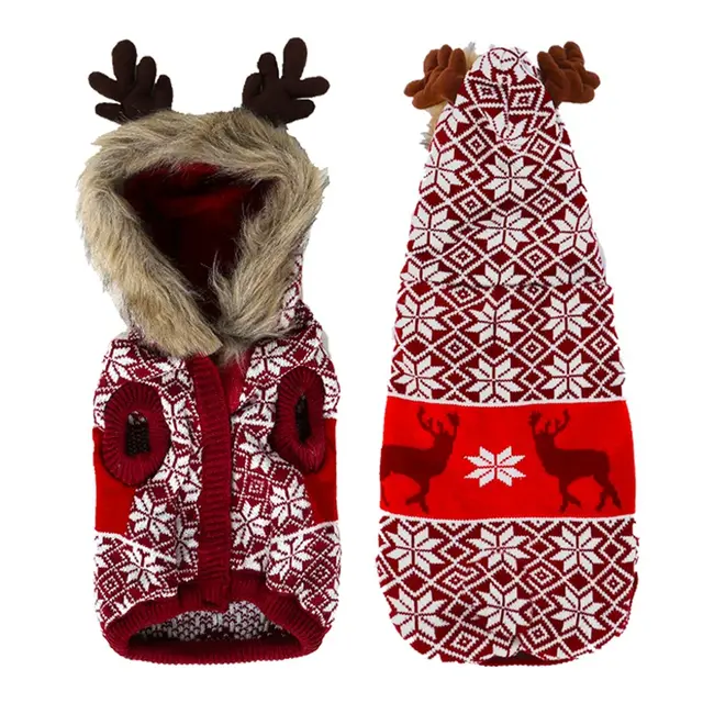 Christmas Elk Vintage Hooded Fur Collar Pet Clothes Red - Shop at LoveMi