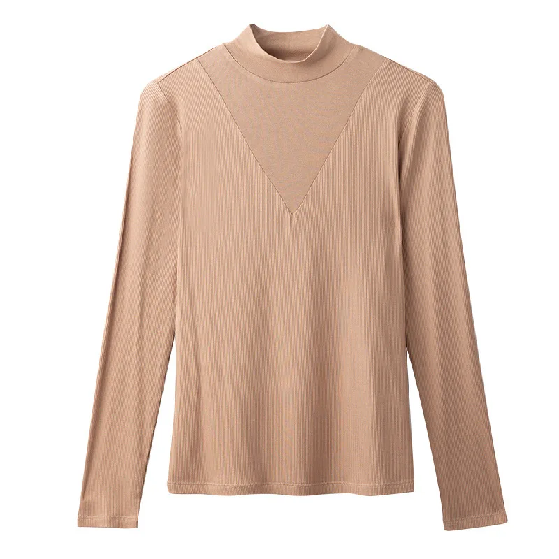 Patchwork Half high Collar Long Sleeves T shirt Women's Bottoming Shirt Camel - Shop at LoveMi