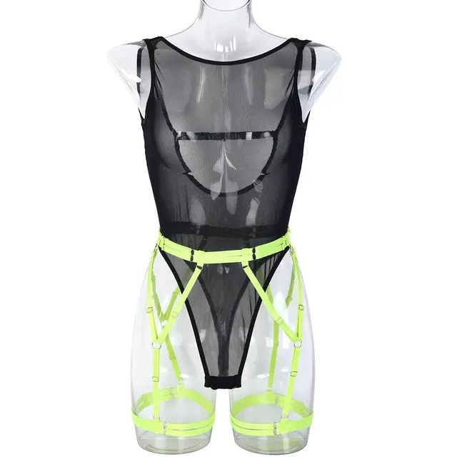 Stylish Women's Backless Mesh Color Matching Jumpsuit Black And Green Shoulder Strap - Shop at LoveMi