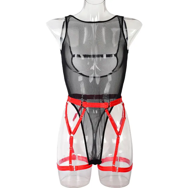 Stylish Women's Backless Mesh Color Matching Jumpsuit Black And Red Shoulder Strap - Shop at LoveMi