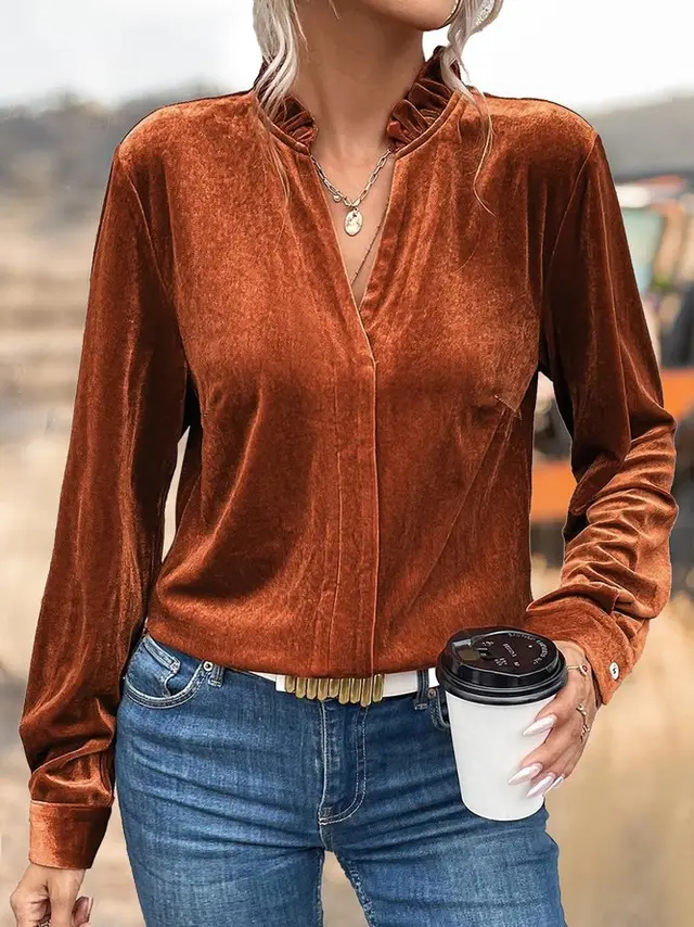 Fashion Women's Wear Shirt Pleuche Top Stand Collar Brown - Shop at LoveMi