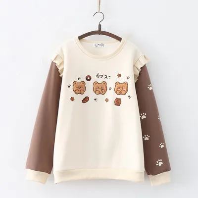Women's Cartoon Three Bears Embroidered Fleece lined Thickened Pullover Crew Neck Top Sweater Beige Plus Velvet - Shop at LoveMi