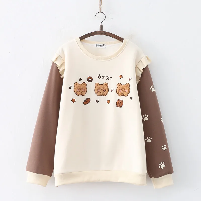 Women's Cartoon Three Bears Embroidered Fleece-lined Thickened Pullover Crew Neck Top Sweater - Beige Plus Velvet - View 1