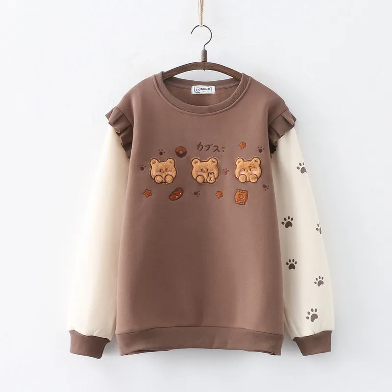 Women's Cartoon Three Bears Embroidered Fleece lined Thickened Pullover Crew Neck Top Sweater Brown With Velvet - Shop at LoveMi