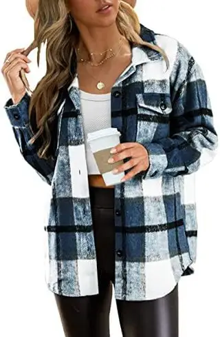 Women's Casual Button Long Sleeve Tops Shirt With Pocket - Blue