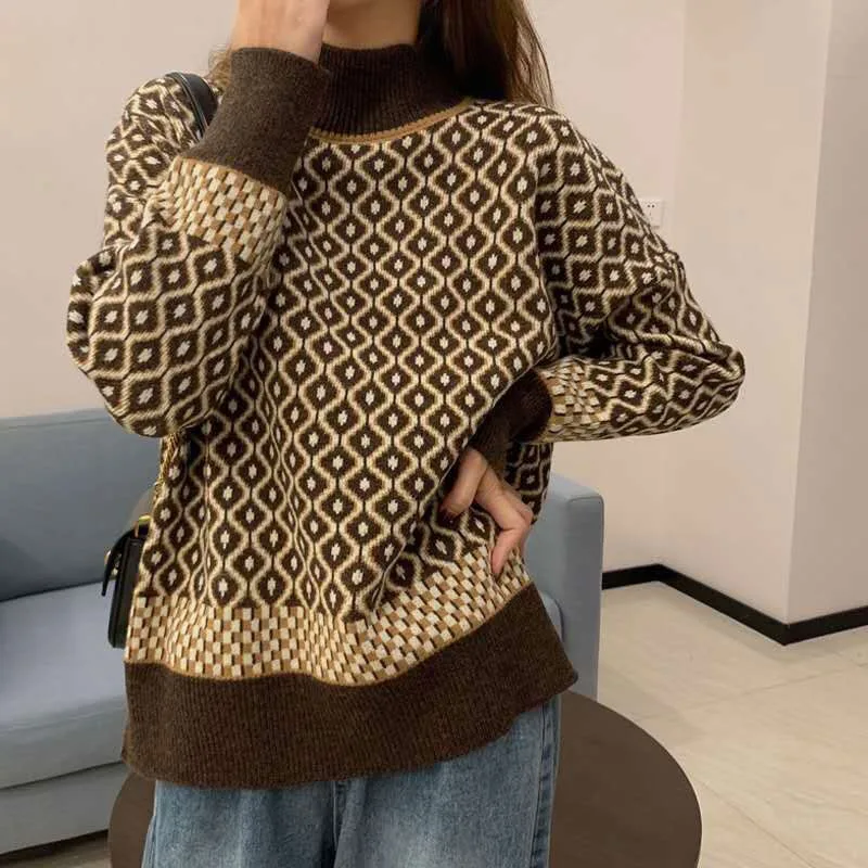 Outer Wear Base Rhombus Plaid Color Matching Sweater Tide Brown - Shop at LoveMi