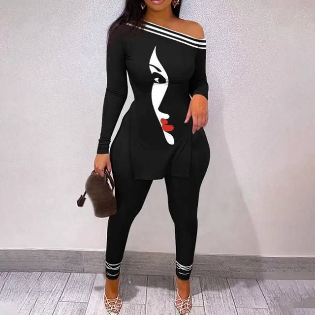 Autumn And Winter New Letter Floral Print Slit Hem Long Sleeve Top Suit Women Black 04 - Shop at LoveMi