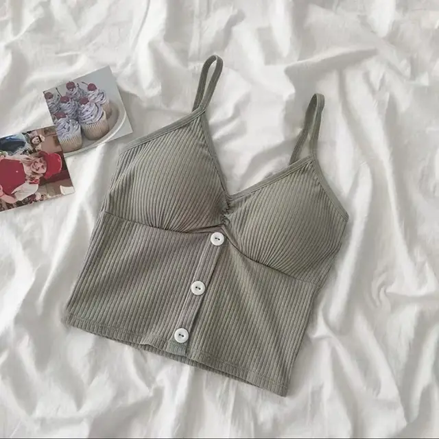 Button Solid Color Camisole Cotton Vest Girl Avocado Green - Shop at LoveMi