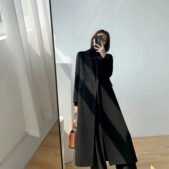 Loose Slim Fit Woolen Coat Mid length Woolen Coat Black - Shop at LoveMi