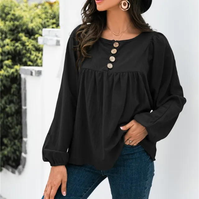 Autumn New Button Loose Top For Women Black - Shop at LoveMi